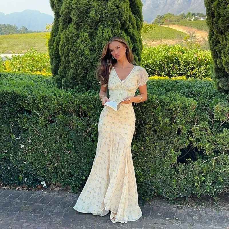Fashion Organza Floral Printed Maxi Dress V-Neck Puff Sleeve 2026 Spring/Summer Romantic Women Party Gown Elegant Lady Vestido