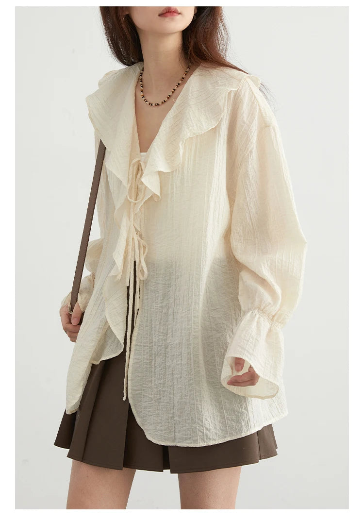 CHIC VEN Women Shirt Loose Casual Ruffled Edges Female Blouses V Neck Lace Up Mid Length Woman Shirts Spring Summer 2026