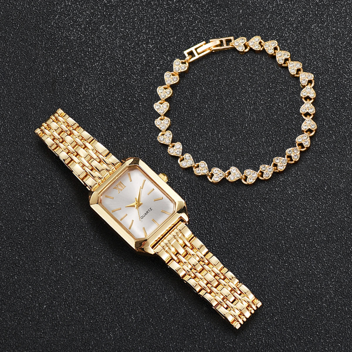 2PCS Fashion Rectangle Women Quartz Watch Rhinestone Bracelet Set Roma Dial Ladies Wristwatches Girls Clock Reloj Mujer