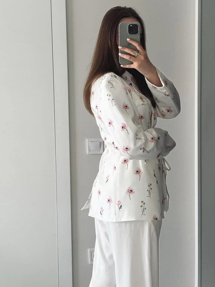 FSMG New Fashion Flowers Print Loose Suit Collar Coat For Women Elegant Belted Waist Cinching Suit Jacket Female Street Chic Top