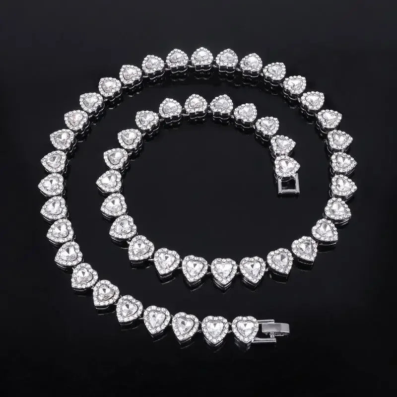 45CM New Hip Hop Tennis Chain Bracelet Necklace Shiny Heart Rhinestone CZ Fashion Rock Party Jewelry
