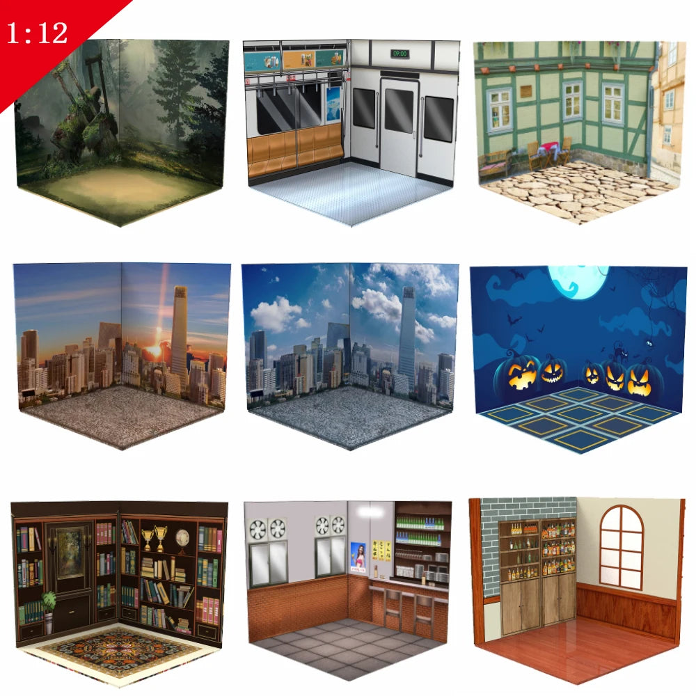 1:12 Miniature Scene Background Board Assembly Model For Showcase Action Figures Dolls Vehicle PVC Backdrop Material Diorama Kit