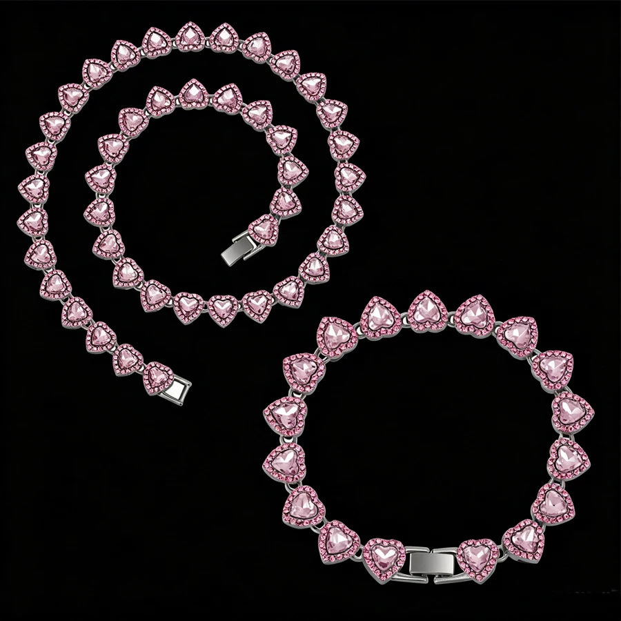 Yupsk 45CM/20CM Shiny Heart Rhinestone Hip Hop Rock Tennis Chain Bracelet Necklace for Women Men Trendy Jewelry Set Gift