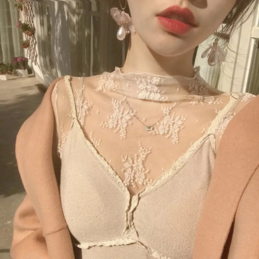 Women's Mesh T-Shirts Long Sleeve Transparent Lace Blouse Sheer See through Top Bottoming Shirt Crop Body Tee