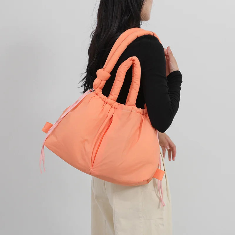 Casual nylon padded tote bag designer soft puffer women shoulder crossbody bags Simple Vintage large capacity handbags 2026