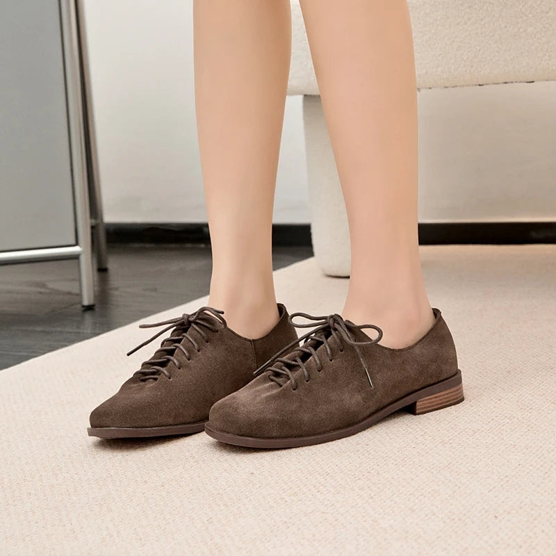 Women Loafer Lace-up 2025 New Spring Shoes Women Suede Genuine Leather Women Oxford Shoes Large Size British Style Women Shoes