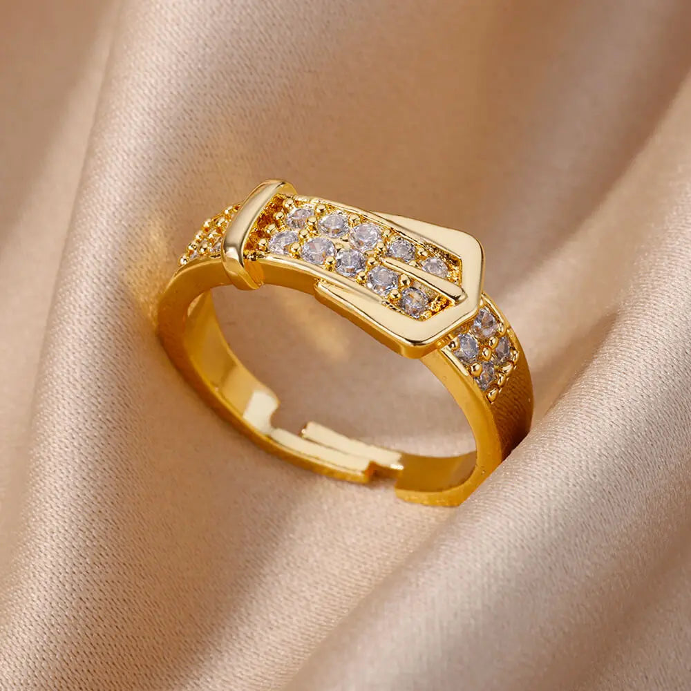 Fashion Chain Hollow Out Rings For Women Gold Color Stainless Steel Zircon Cross Open Ring Trendy Wedding Aesthetic Jewerly Gift