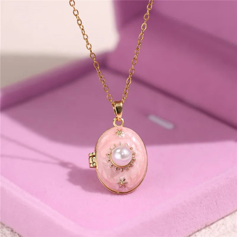 HangZhi Enamel Romantic Pink White Pearl Flower Oval Photo Frame Locket Necklace Vintage Keepsake Jewelry Gift for Women