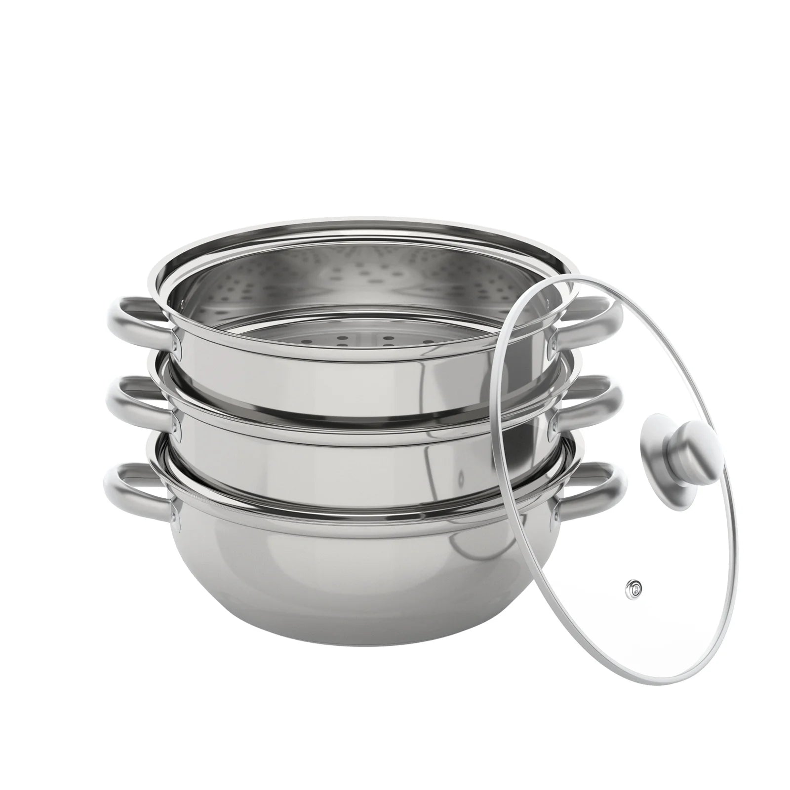 28CM Stainless Steel Steam Cooker Multi-Function 3 Tier Steamer Pot Cookware for Cooking Veg Meat Soups Seafood