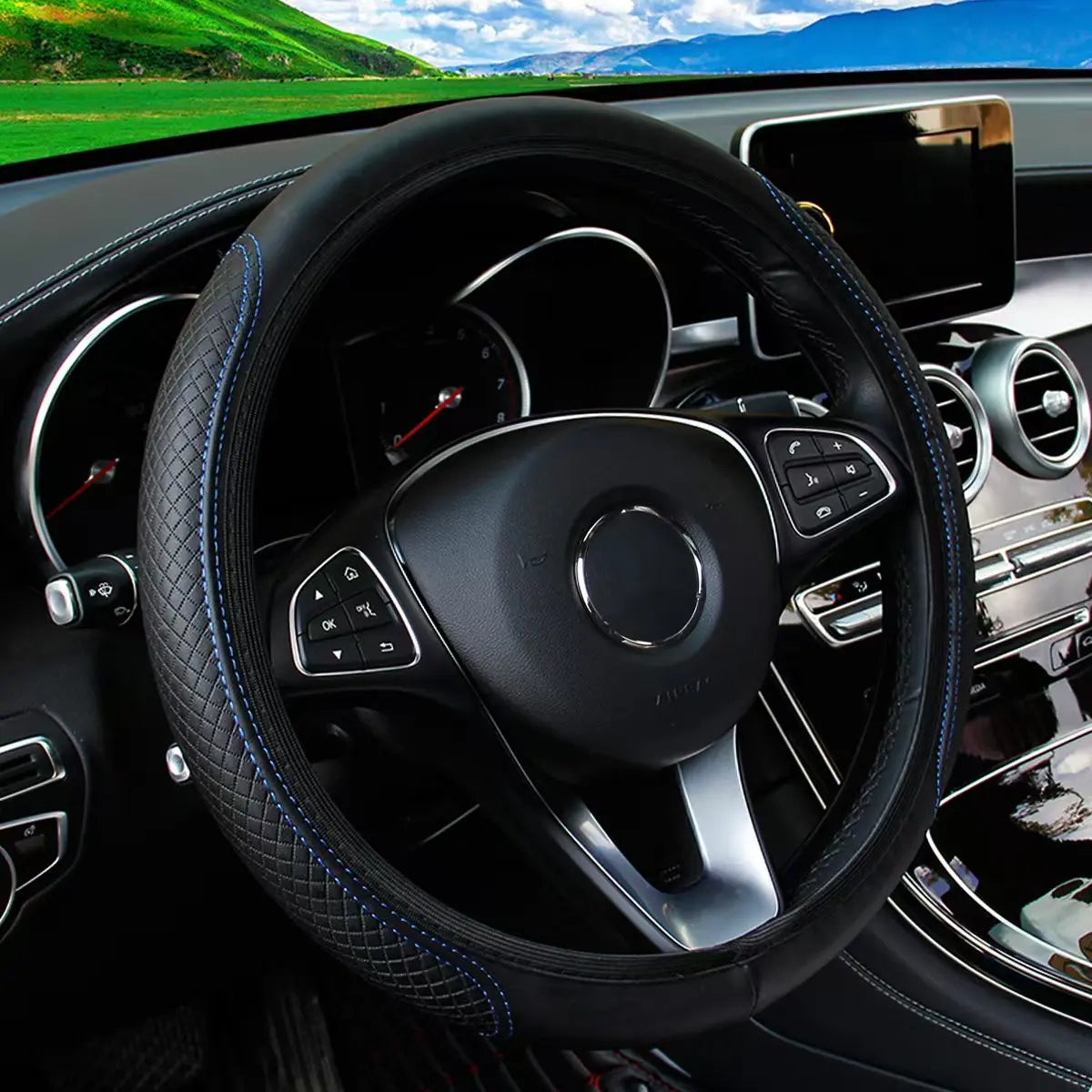 Artificial Leather Three-dimensional Embossed-car without Inner Ring Steering Wheel Cover Auto Parts for 14.5-15 Inches
