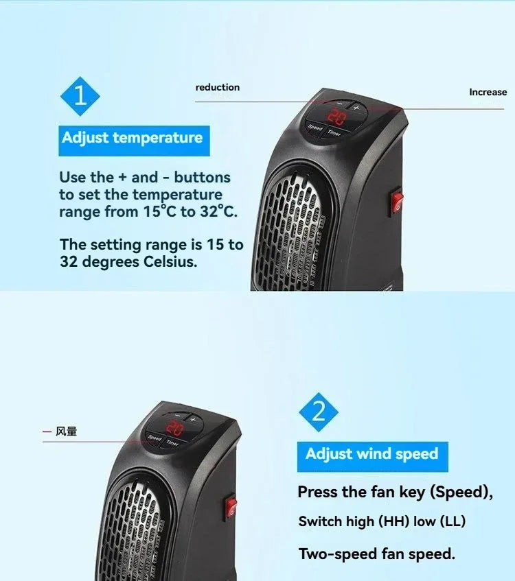 Portable Electric Heater for Rooms, Plug-In Wall Mini Radiator Fan Warmer, Compact Home Heating Appliance