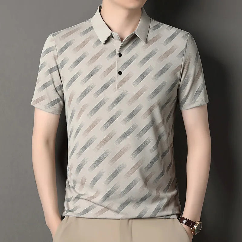 2026 New Men's Business Casual Short Sleeved Printed Polo Shirt Fashionable Breathable Comfortable and Versatile Top