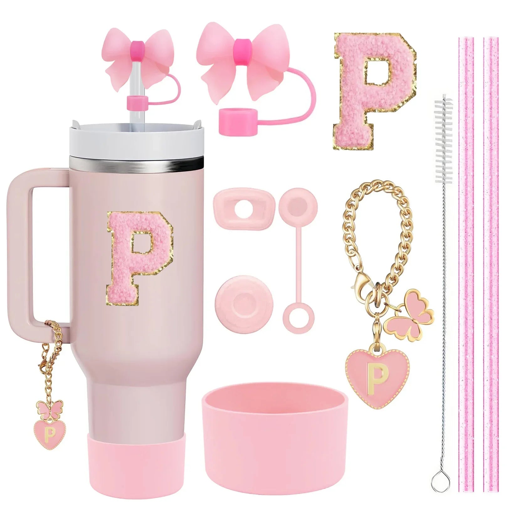 10PCS Accessories Set for Stanley Cup, 2 Straw and Brush and 1 Flower Charm Chain 3 Spill Proof Stopper Flowers Straw Cover Boot