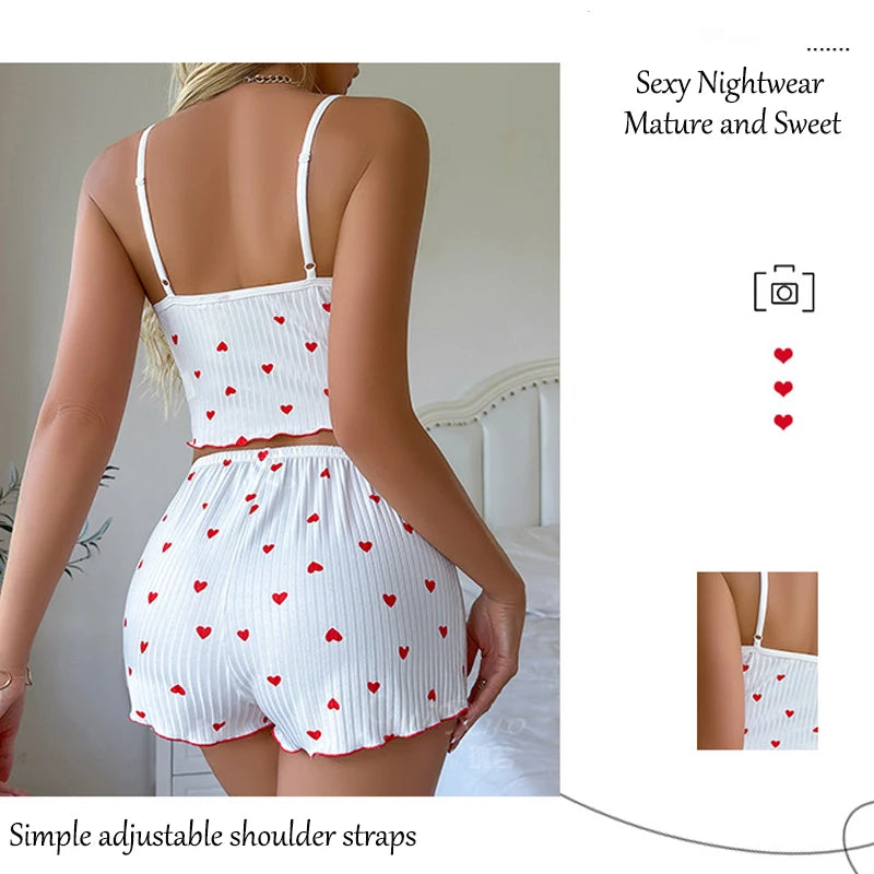 Sexy Sleepwear Women Pajamas Set Heart Print Silk Stain V-Neck Sleeveless Casual Cami Top and Shorts Sets Home Suit Loungewear