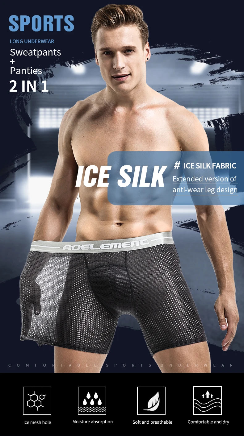 Men's Extra Long Sports Underwear Boxer Running Anti-Wear Legs Large Size Ice Silk Loose 100kg Fat Guy Four Corners