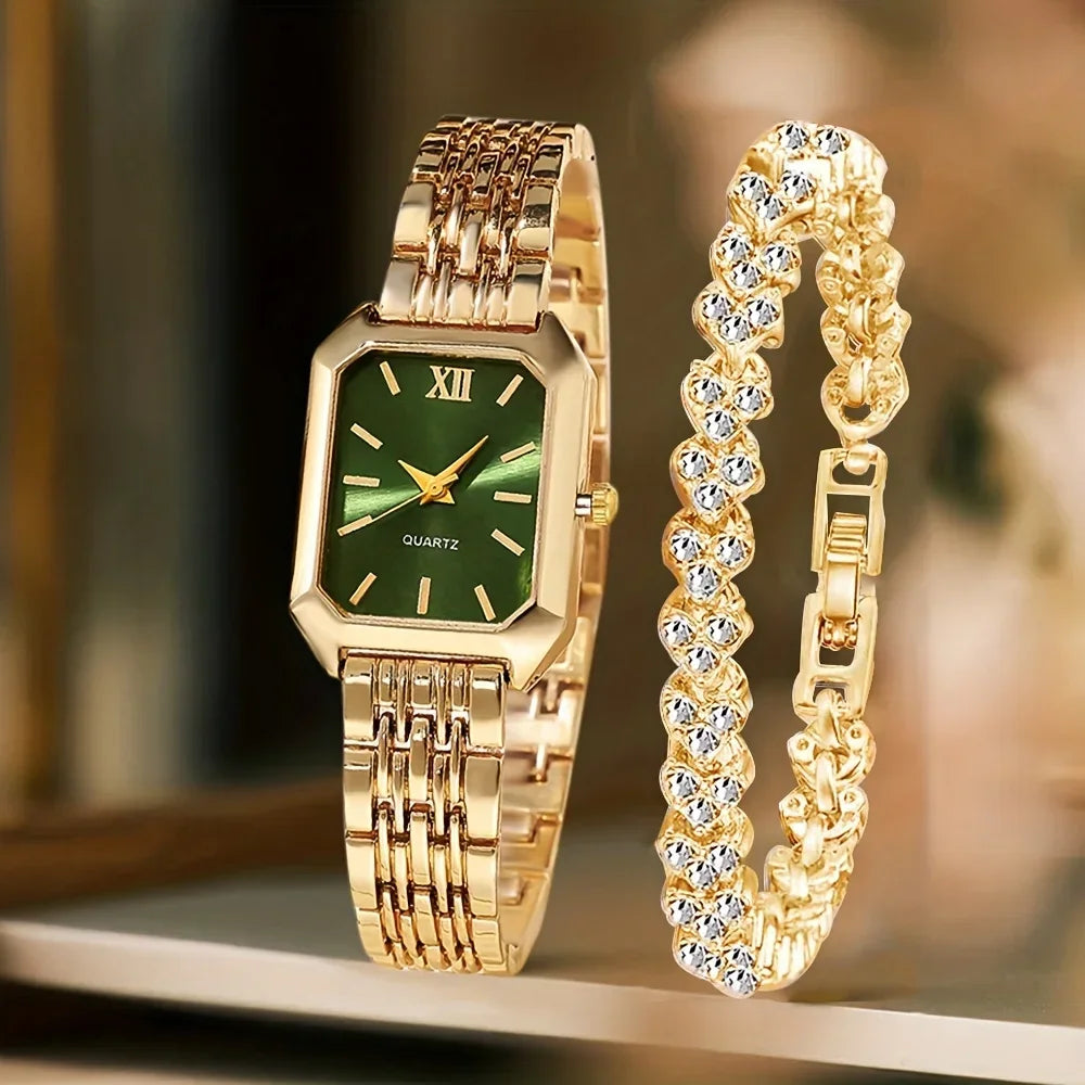 2PCS Fashion Rectangle Women Quartz Watch Rhinestone Bracelet Set Roma Dial Ladies Wristwatches Girls Clock Reloj Mujer