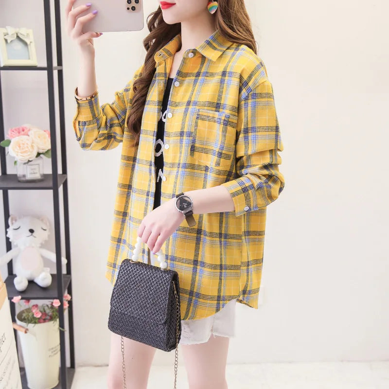 Casual Women's Plaid Shirt 2025 Spring Autumn New Ladies Loose Blouse and Tops Female Long Sleeve Shirts Fresh Checked Clothes