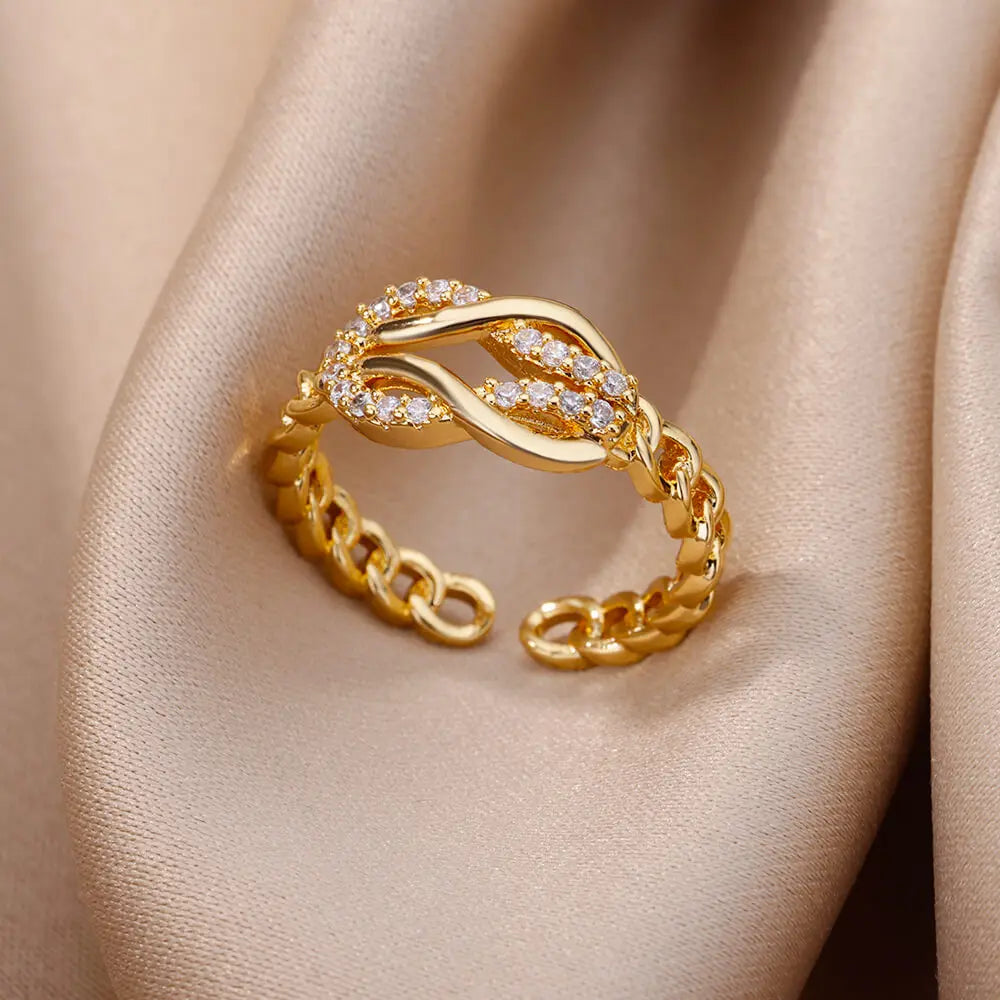 Fashion Chain Hollow Out Rings For Women Gold Color Stainless Steel Zircon Cross Open Ring Trendy Wedding Aesthetic Jewerly Gift