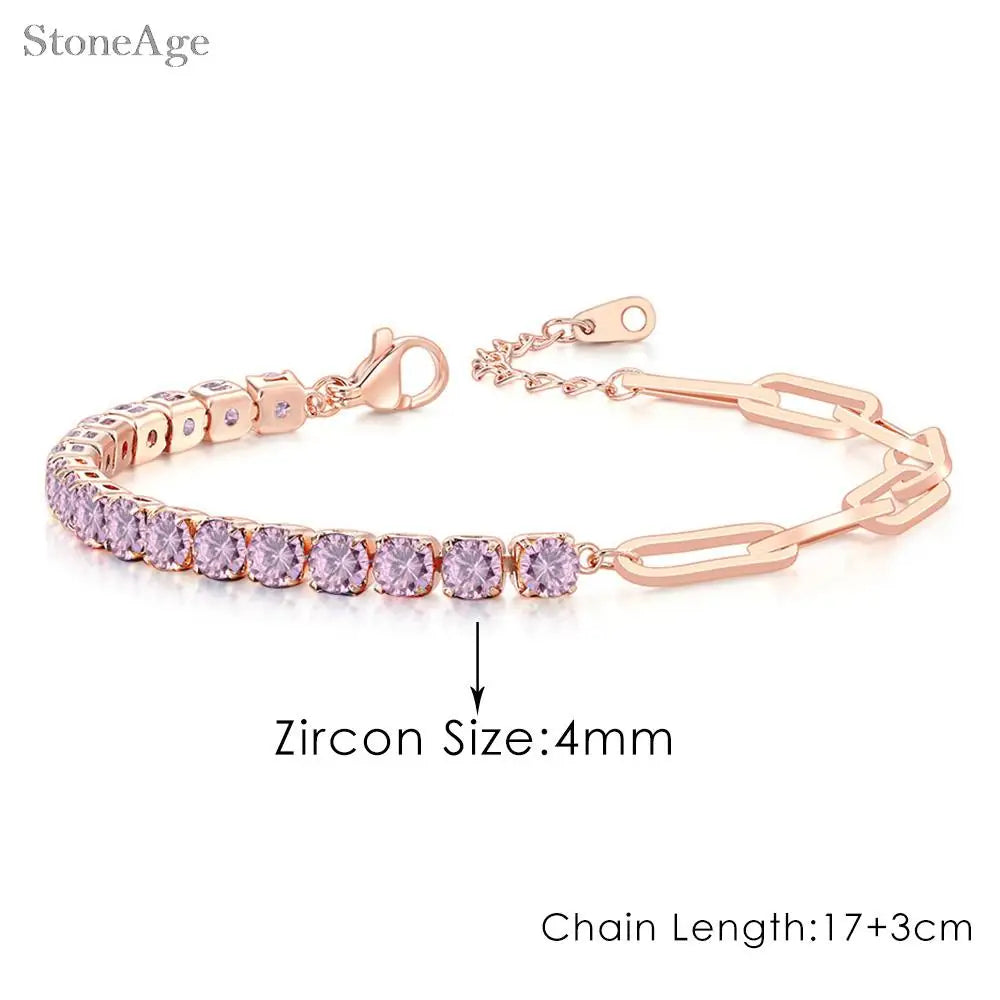 Pink Crystal Tennis Bracelets for Women Female Trend Romantic Shiny Zirconia Adjustable Folding Buckle Chain on Hand Jewelry