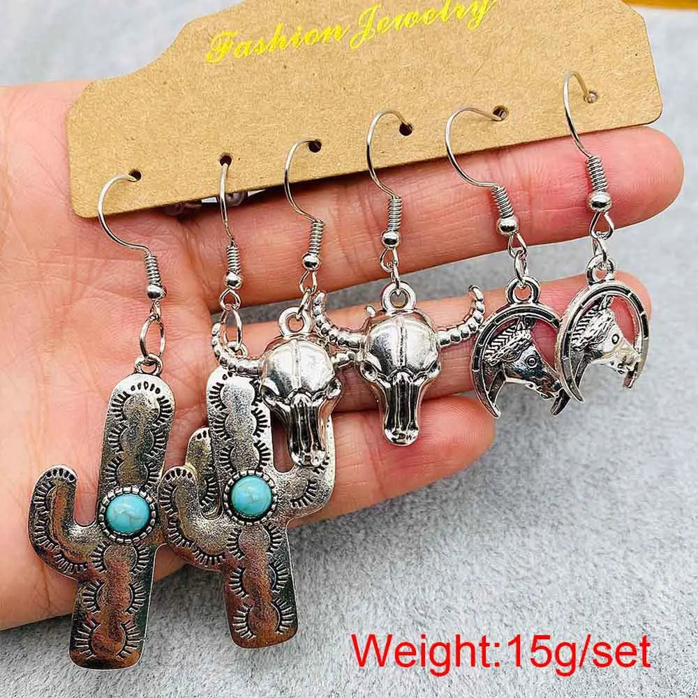 Western Retro  Turquoise Bull Head Earrings Cactus Boots Cowboy Hat Alloy Ethnic Style Earrings Set Jewelry for Women