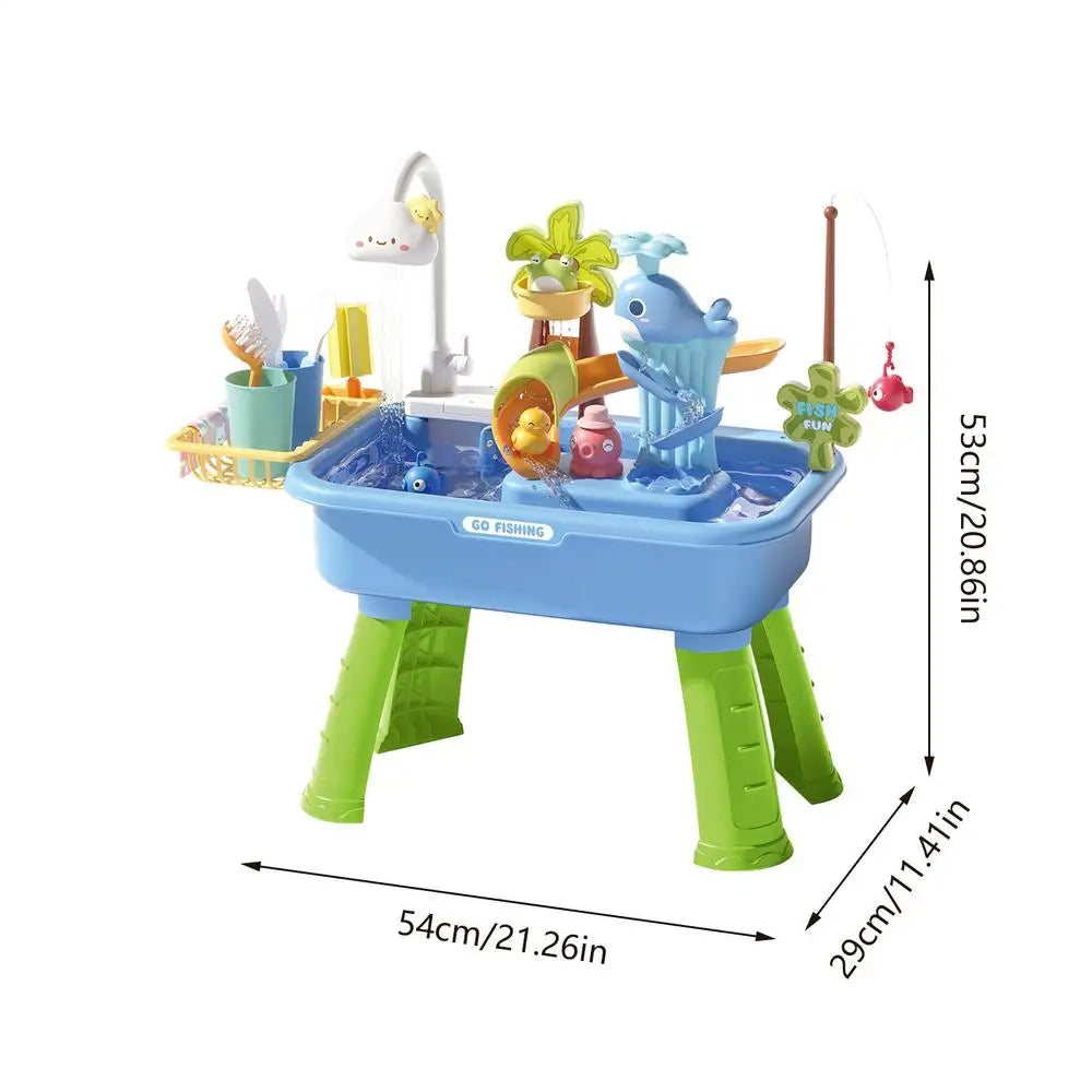 Kitchen Water table Sets with Pump,Tableware & Fishing Game for Kids,Children's Play Sink with Running Water & Electric Faucet