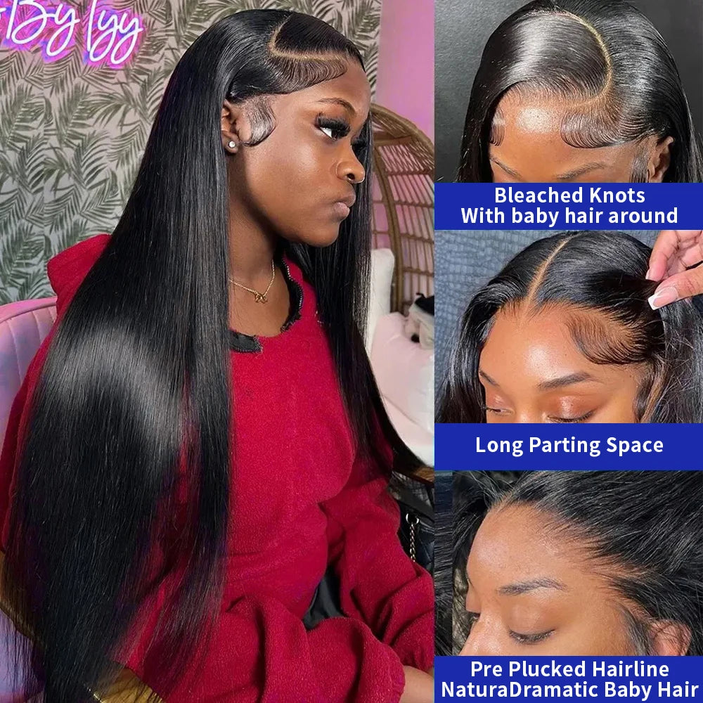 13x4 Bone Straight 250% Density Human Hair Wig 13x6 HD Lace Frontal Wig 40 Inch Natural Black Glueless Lace Front Wig for Women