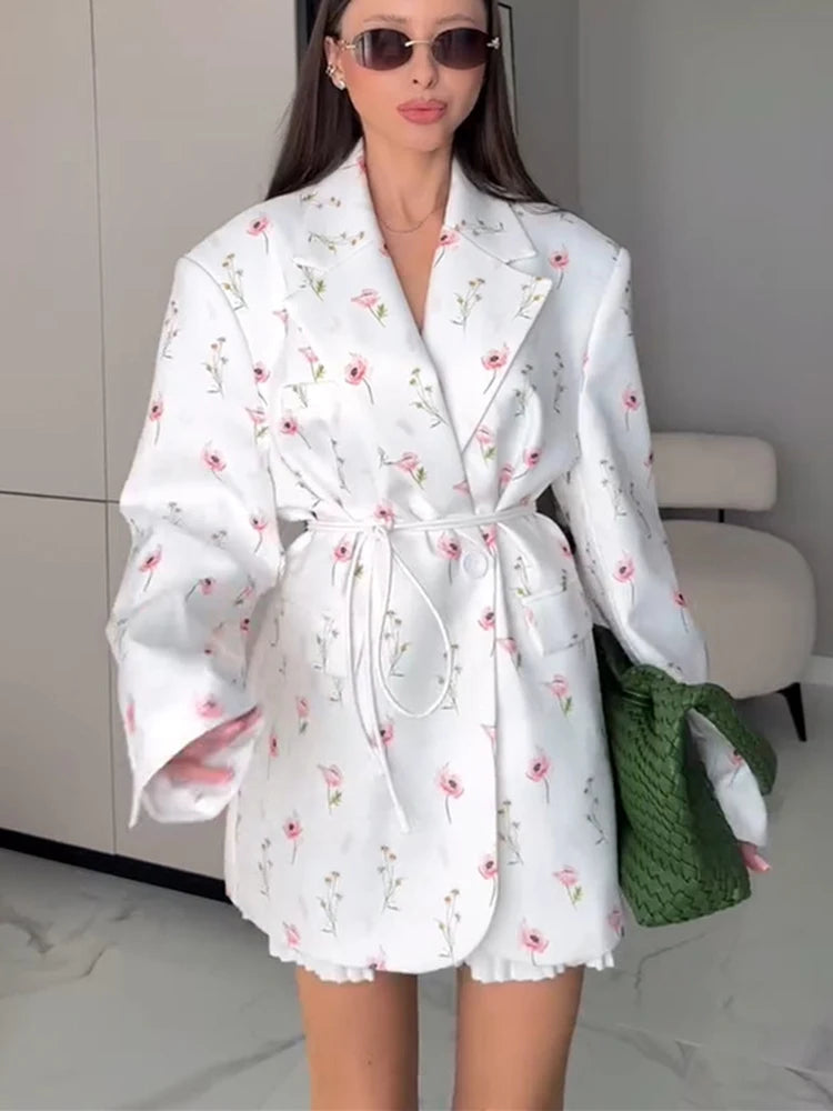 FSMG New Fashion Flowers Print Loose Suit Collar Coat For Women Elegant Belted Waist Cinching Suit Jacket Female Street Chic Top