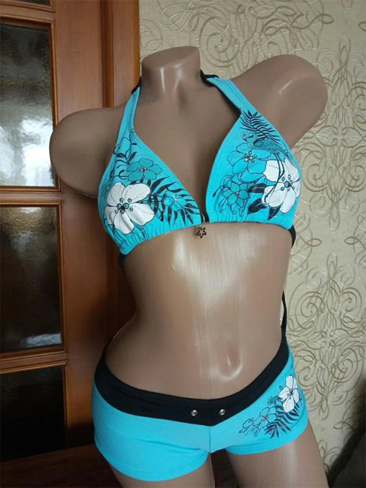 Vintage Flower print Cutie set Bikini 2000s Swimsuit Sexy Women Bathing Fashion Halter Strap Swimwear High Street Beach Female