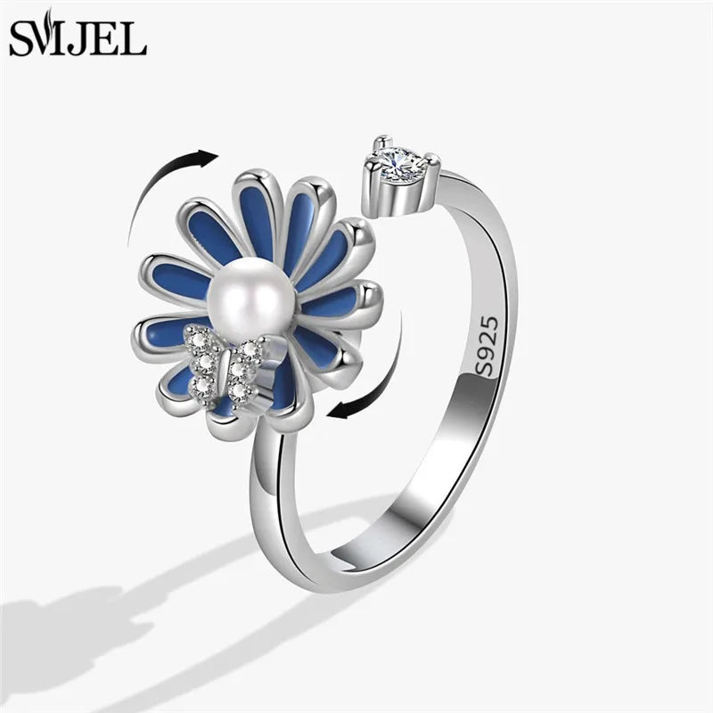 Ethnic Fashion Daisy Flower Anxiety Ring Adjustable Women Girls Worry Stress Relief Jewelry Spinning Fidget Rings Party Gifts