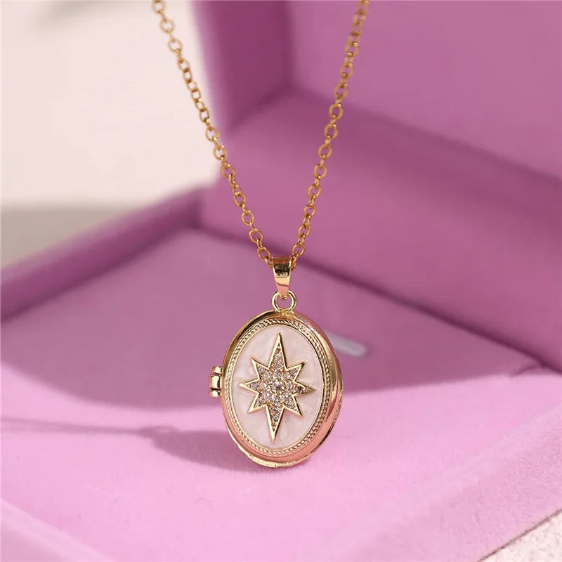 HangZhi Enamel Romantic Pink White Pearl Flower Oval Photo Frame Locket Necklace Vintage Keepsake Jewelry Gift for Women