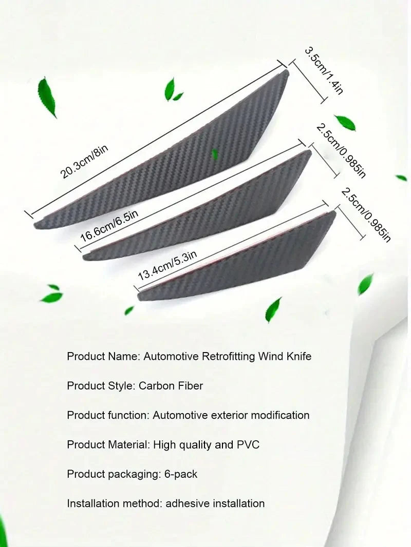 6pc Universal Car Modification Wind Knife Carbon Fiber Pattern Bumper Diffuser Splitter Fins Body Spoiler Canards Exterior Parts