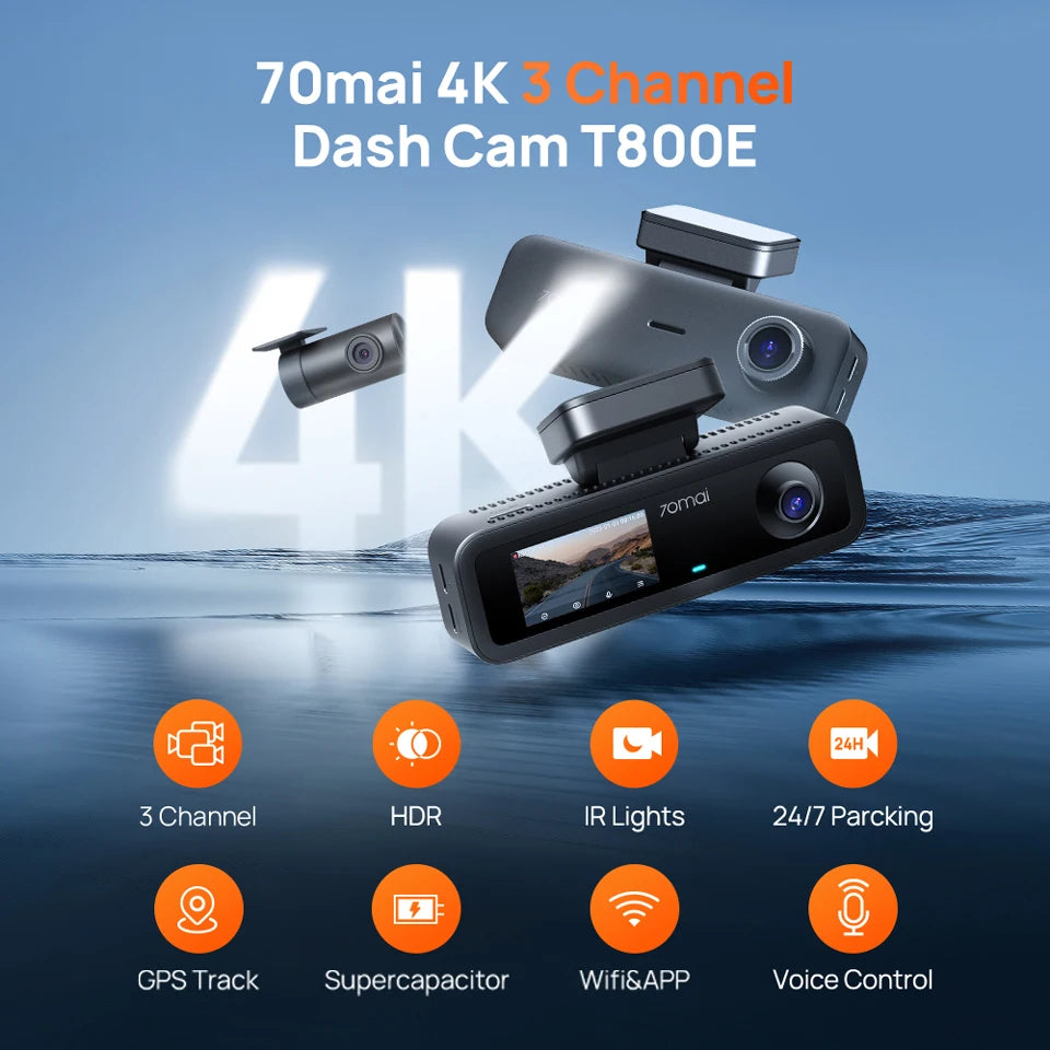 70mai 4K T800E 3-Channel Dash Cam Front Rear Interior 3-in-1 Voice Control 24H Parking Supercapacitor GPS 4K Car DVR 70mai T800E