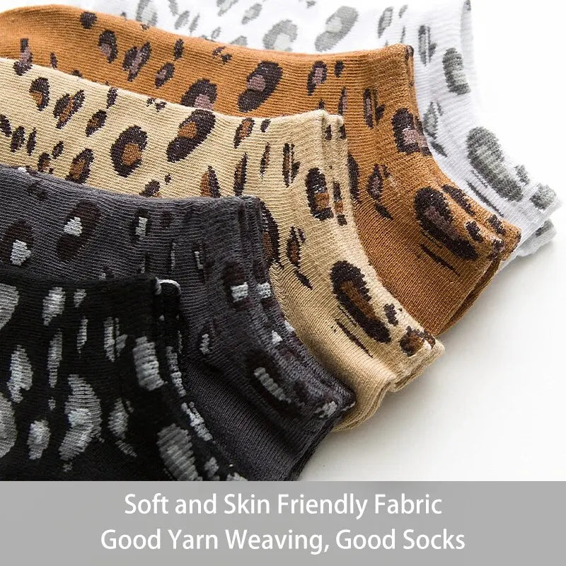5 Pairs of Women's Seasonal Fashionable and Trendy Leopard Print Cotton Sweat-absorbing and Comfortable Sports Low Top Socks