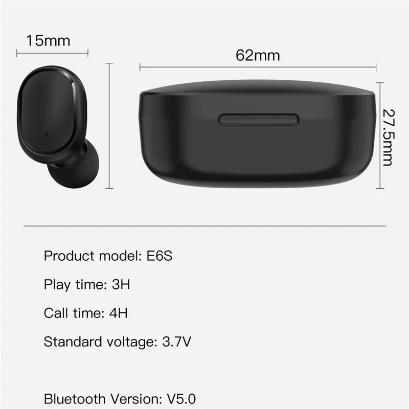 Digital Display Bluetooth Earphones with Mic TWS E6S Wireless Bluetooth Headset Noise Cancelling Headset for Xiaomi Huawei Oppo