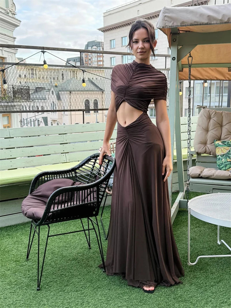 Mozision Hollow Out Short Sleeve Sexy Maxi Dress Women Fashion O Neck Ruched High Waist Bodycon Club Party Long Dress Female