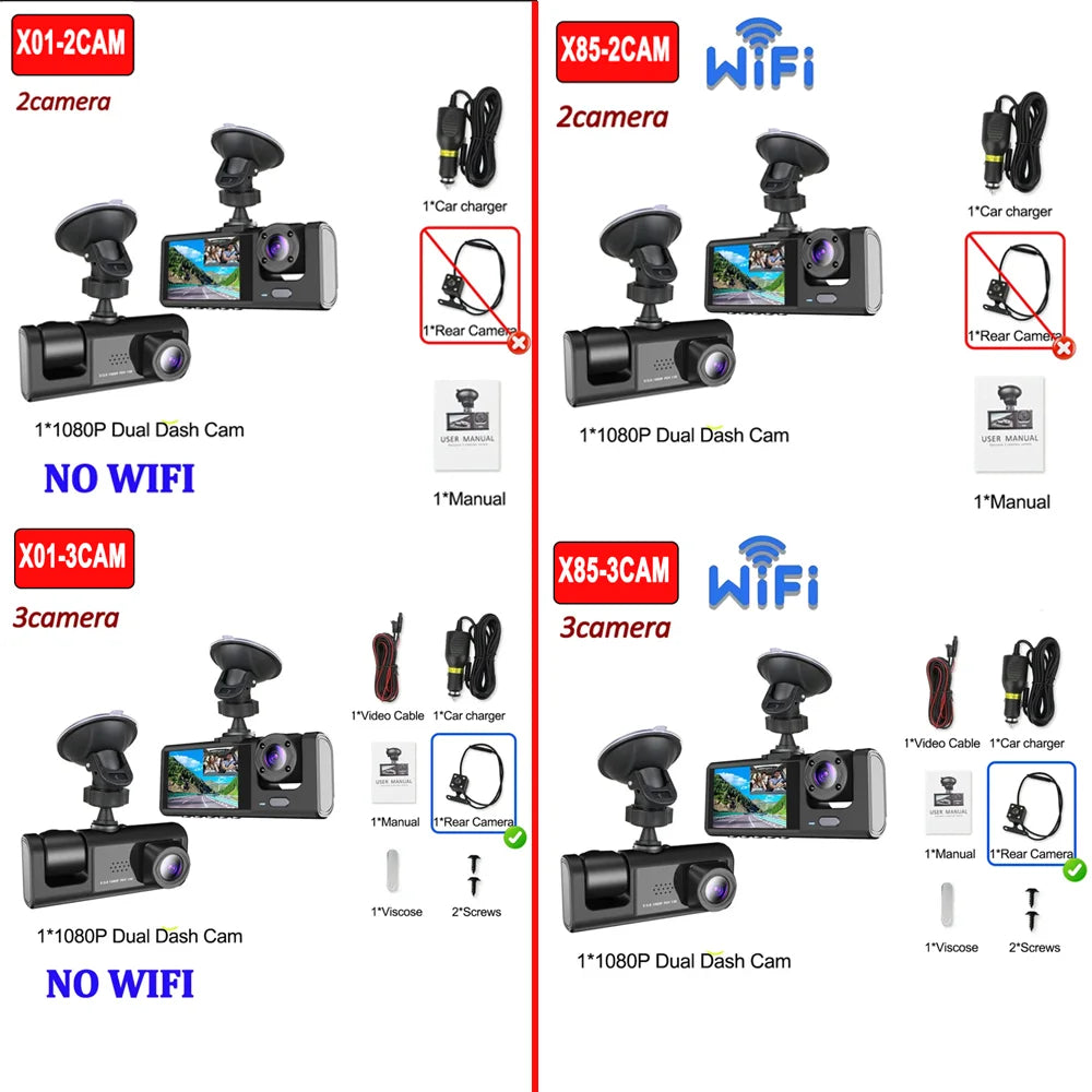 2/3Camera WIFI/NO WIFI Dash Cam Cabin Car Dvr 1080P Interior Vehicle Three Way Channel Dvrs Recorder Video Dashcam Camcorder