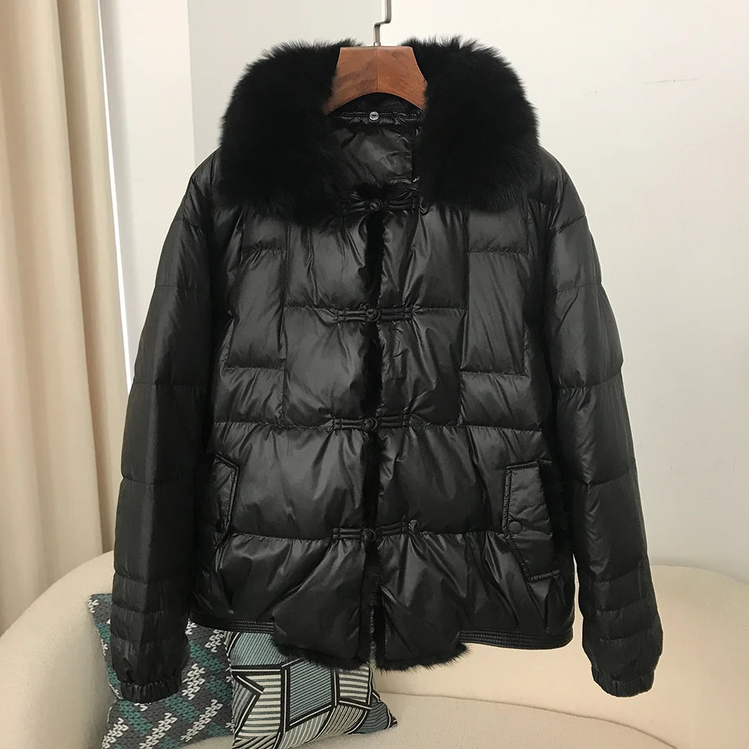 Real Fox Mink Fur Collar Coat Winter Women White Duck Down Jacket Ladies Short Warm Puffer Female Loose Vintage Parka Outerwear
