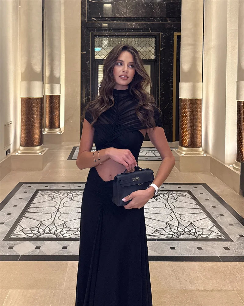 Mozision Hollow Out Short Sleeve Sexy Maxi Dress Women Fashion O Neck Ruched High Waist Bodycon Club Party Long Dress Female