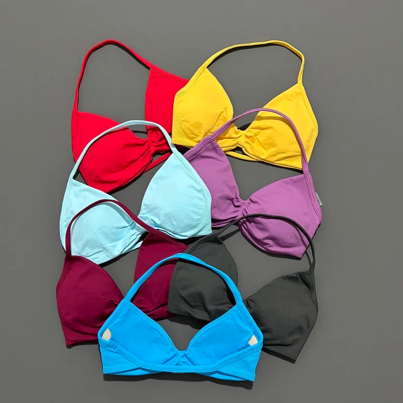 Sports Strappy Bra Yoga Underwear Women Gym Top Running Exercise Backless Bra High Support Active Wear Fitness Workout Halter