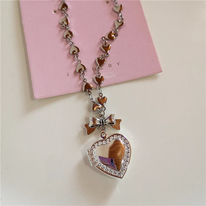 Goth Y2k Aesthetic Heart Locket Pendant Open Female Silver Color Stainless Steel Photo Frame Charm Necklace Women EMO Jewelry