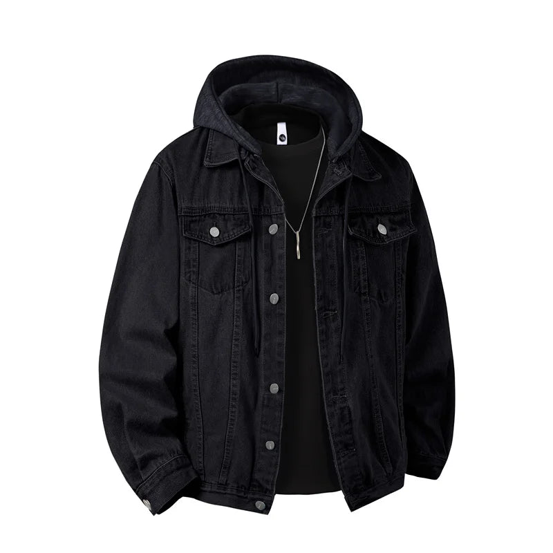 Autumn Winter Hooded Denim Jackets Men Casual Streetwear Outerwear Solid Color Loose Couple Denim Coats Hat Detachable Jacket