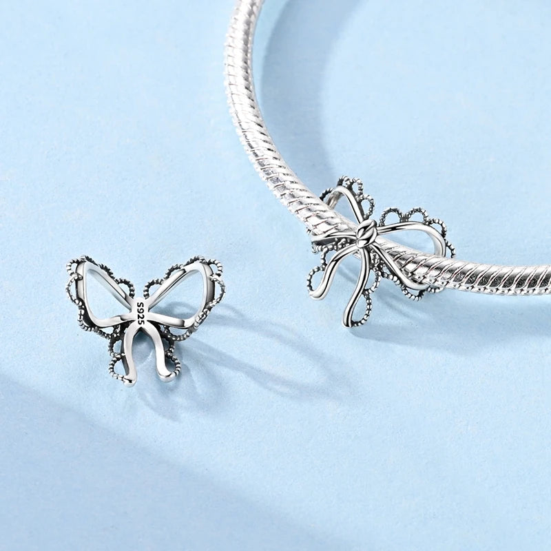 Silver Bow Charms 925 Sterling Silver Pink Heart-shaped Bow Pendants Charms Beads Fit Original S925 Bangle Bracelets DIY Jewelry