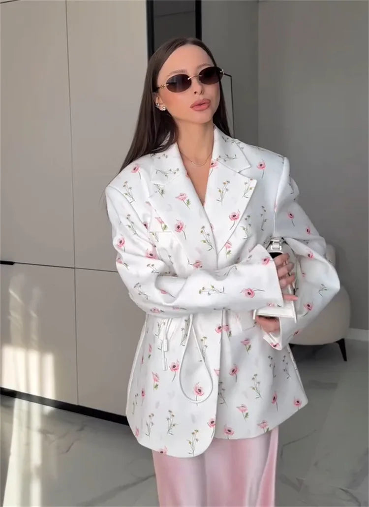 FSMG New Fashion Flowers Print Loose Suit Collar Coat For Women Elegant Belted Waist Cinching Suit Jacket Female Street Chic Top