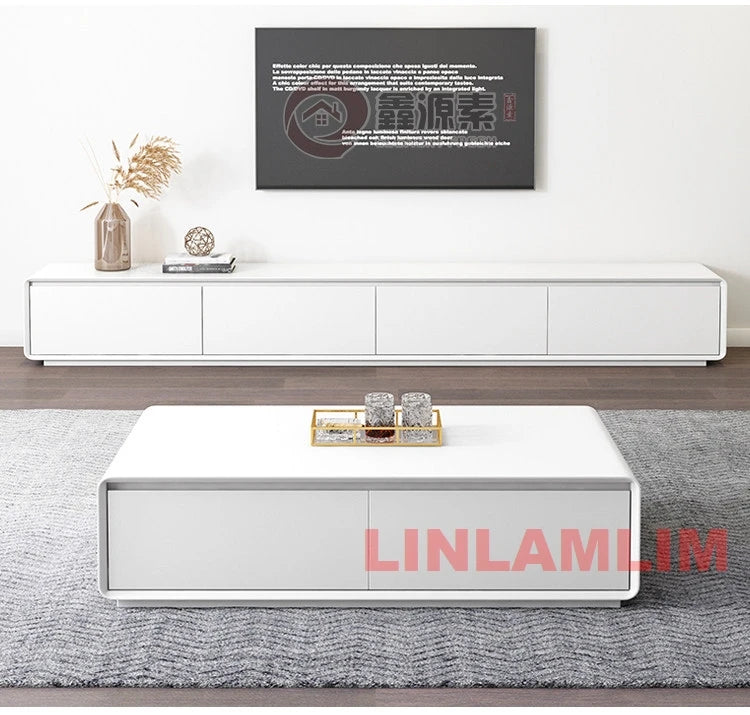 Modern White Living Room Furniture Set, Coffee Table and TV Stand with Storage Cabinets, Contemporary Entertainment Center Set