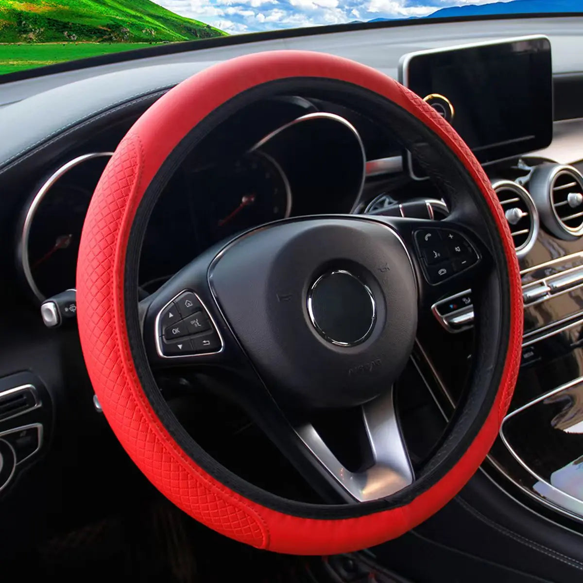 Artificial Leather Three-dimensional Embossed-car without Inner Ring Steering Wheel Cover Auto Parts for 14.5-15 Inches