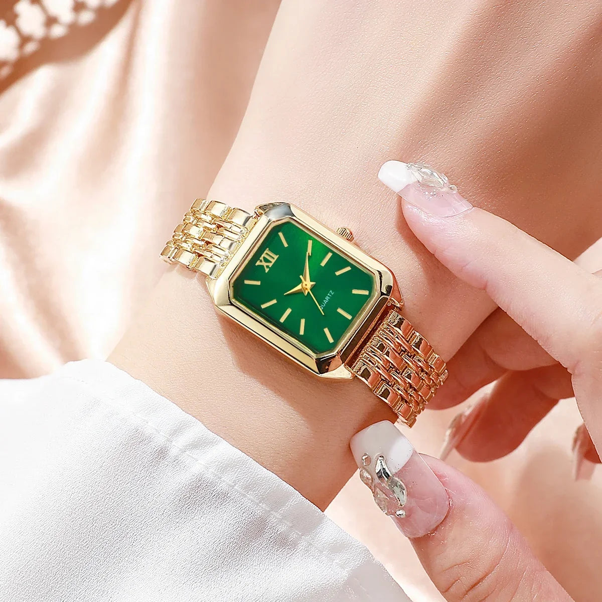 2PCS Fashion Rectangle Women Quartz Watch Rhinestone Bracelet Set Roma Dial Ladies Wristwatches Girls Clock Reloj Mujer