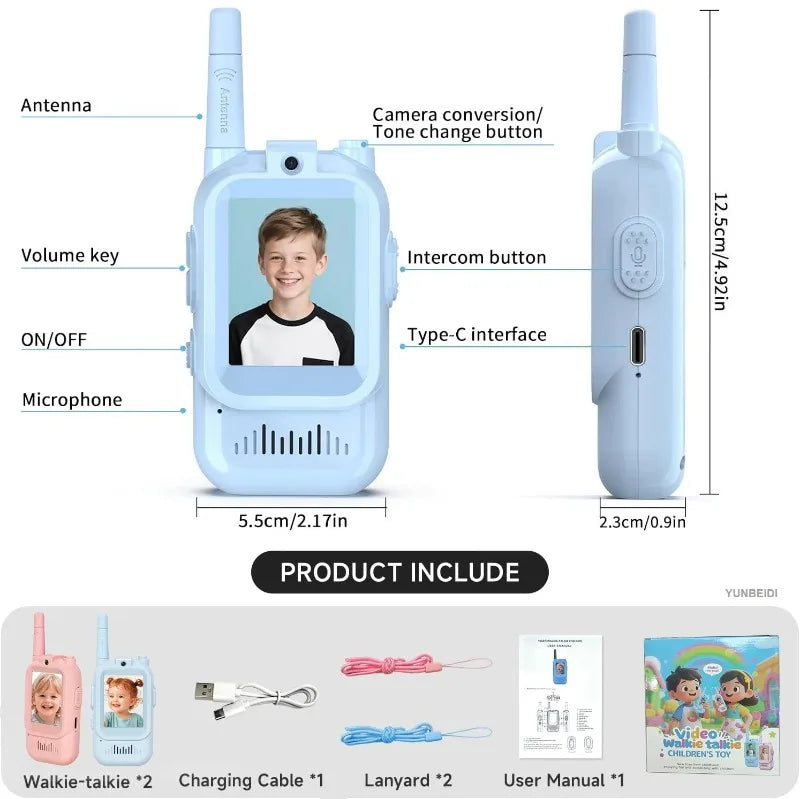2PCS Kids Video Walkie Talkies USB Charging Indoor and Outdoor High Definition Intercom Children's Toys Birthday Gifts Ages 3-12