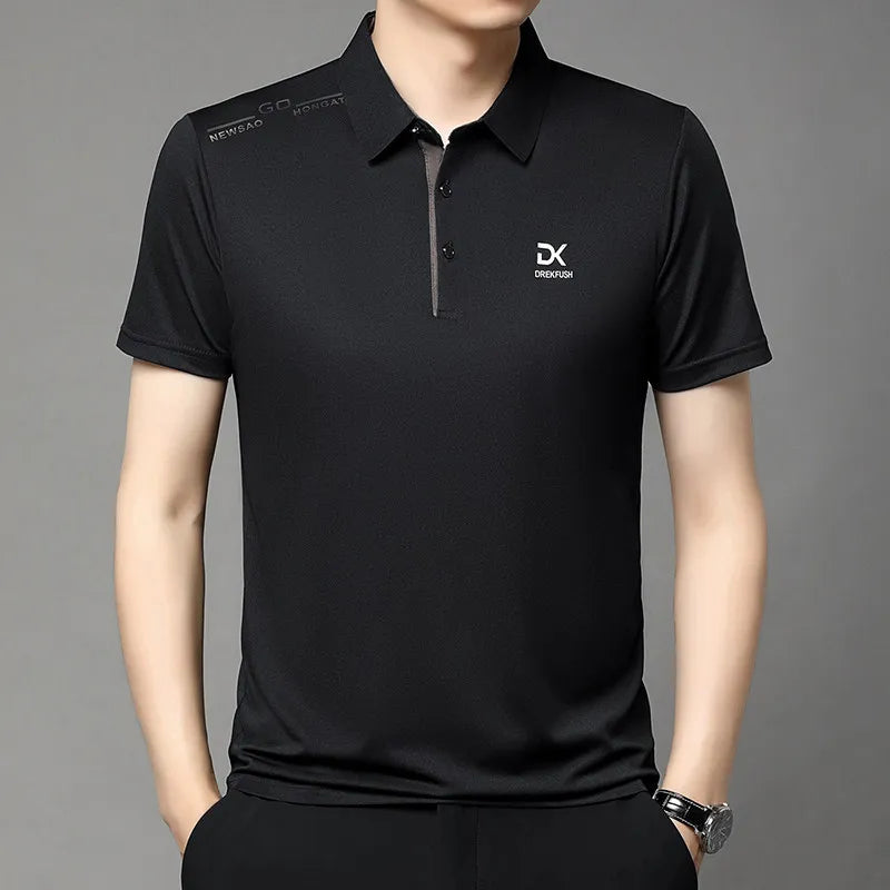 New Men's Business Casual Short Sleeved Shirt with Badge Solid Color Polo Shirt Fashionable Breathable Comfortable Versatile Top