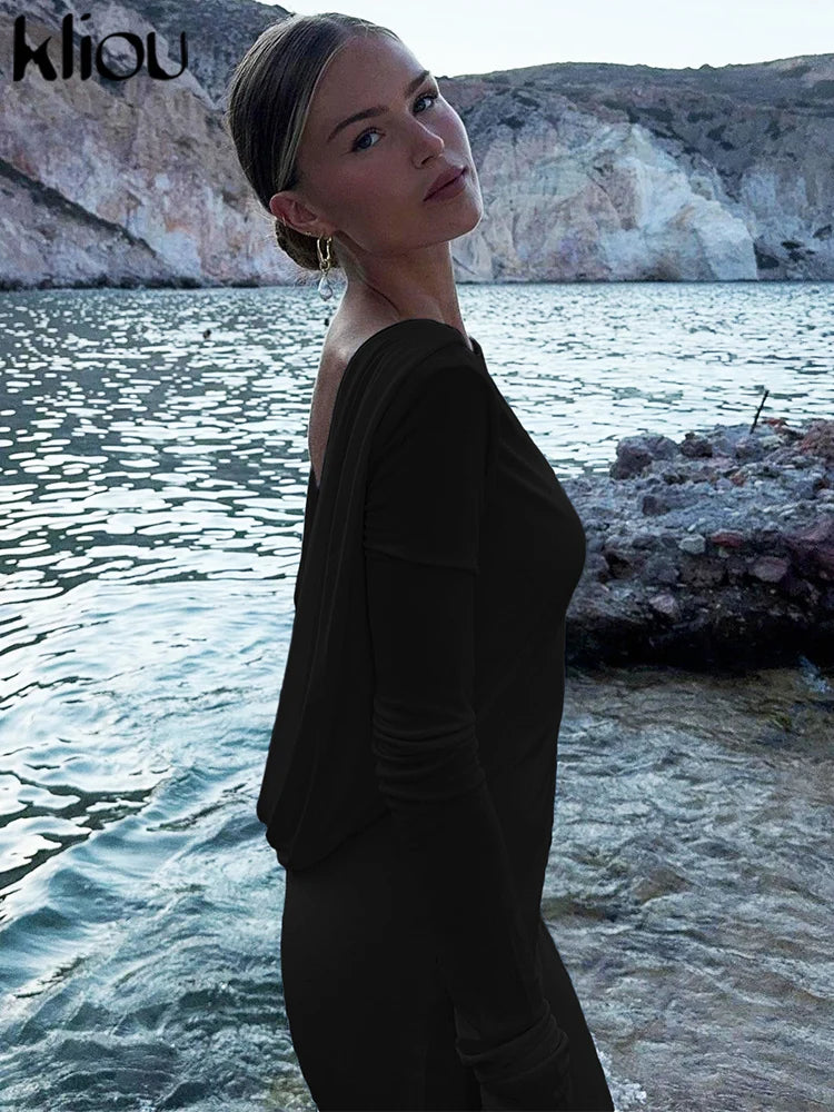 kliou Solid Elegant Women Maxi Dress Simple Fall Classic Trend Full Sleeve Swinging Backless Sheath Vestidos Mujer Evening Robe
