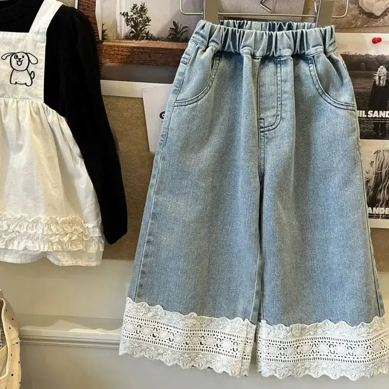Bear Leader Summer New Blue Jeans 2-7-year-old Simple Kids Clothes Girls Korean Edition Fashion Lace Decoration Casual Pants